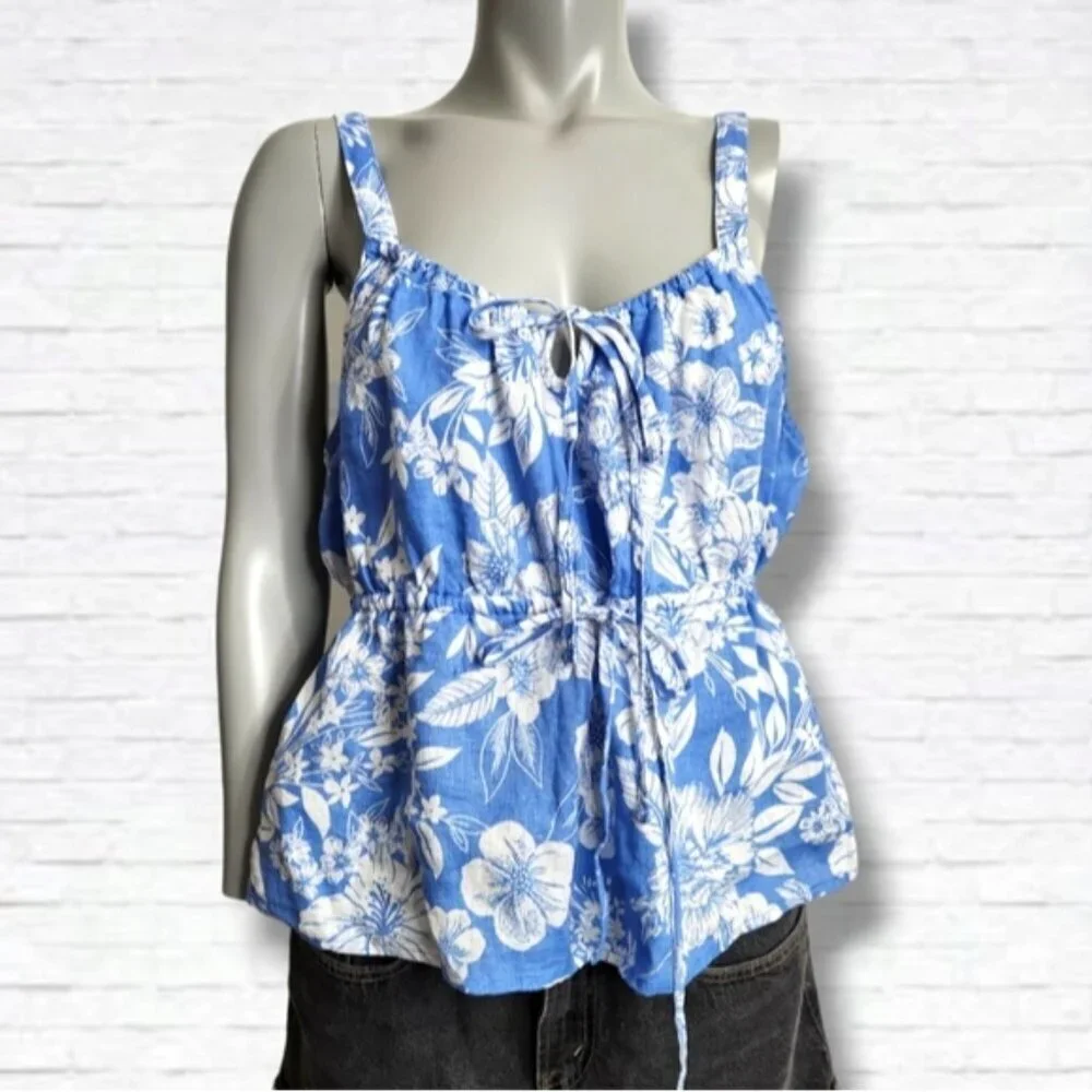 C&C California Flower Print Blue Linen Peplum Waist Tank Top Size XL NWOT - Picture 1 of 12